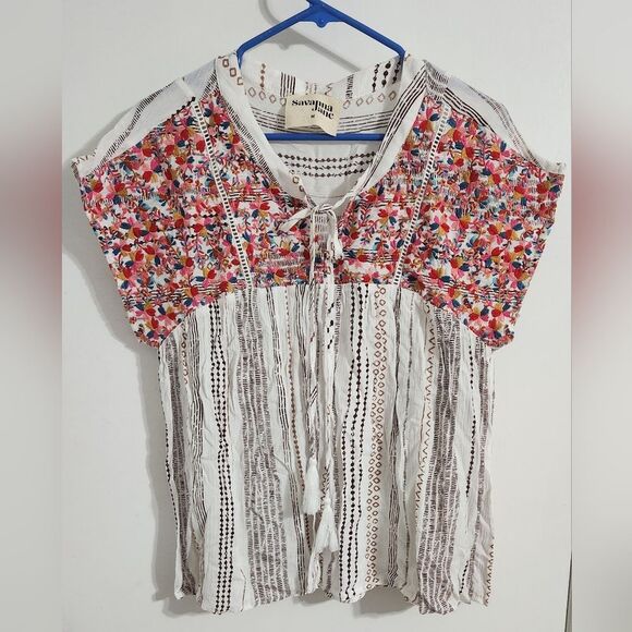 Savanna Jane Floral Embroidered Top Boho Womens  Tasseled Cap Sleeve White sz M - Picture 10 of 10